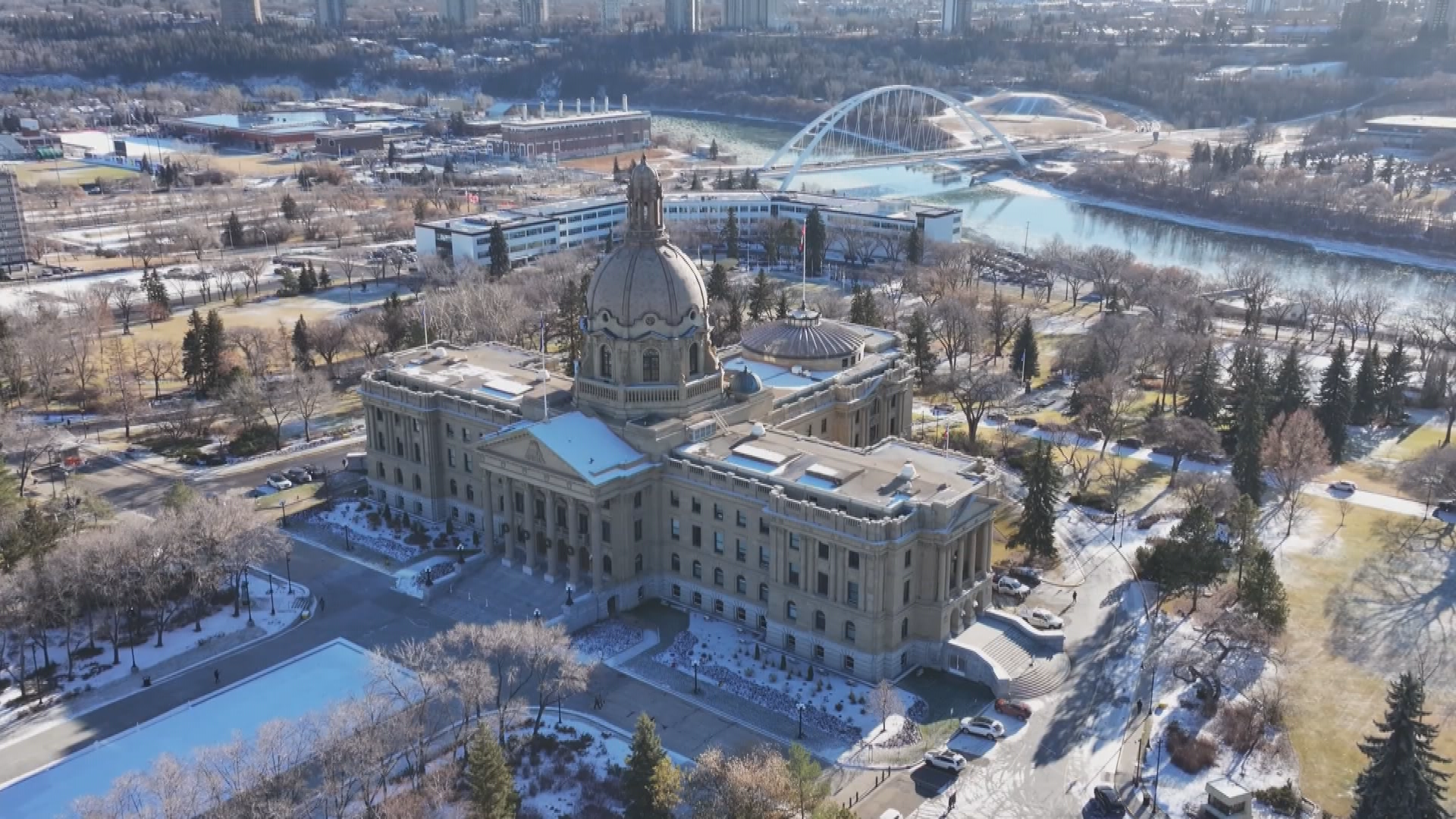 The Alberta legislature and Walterdale Bridge in downtown Edmonton are seen in this Nov. 19, 2025, aerial photo. (Cam Wiebe / CTV News Edmonton)