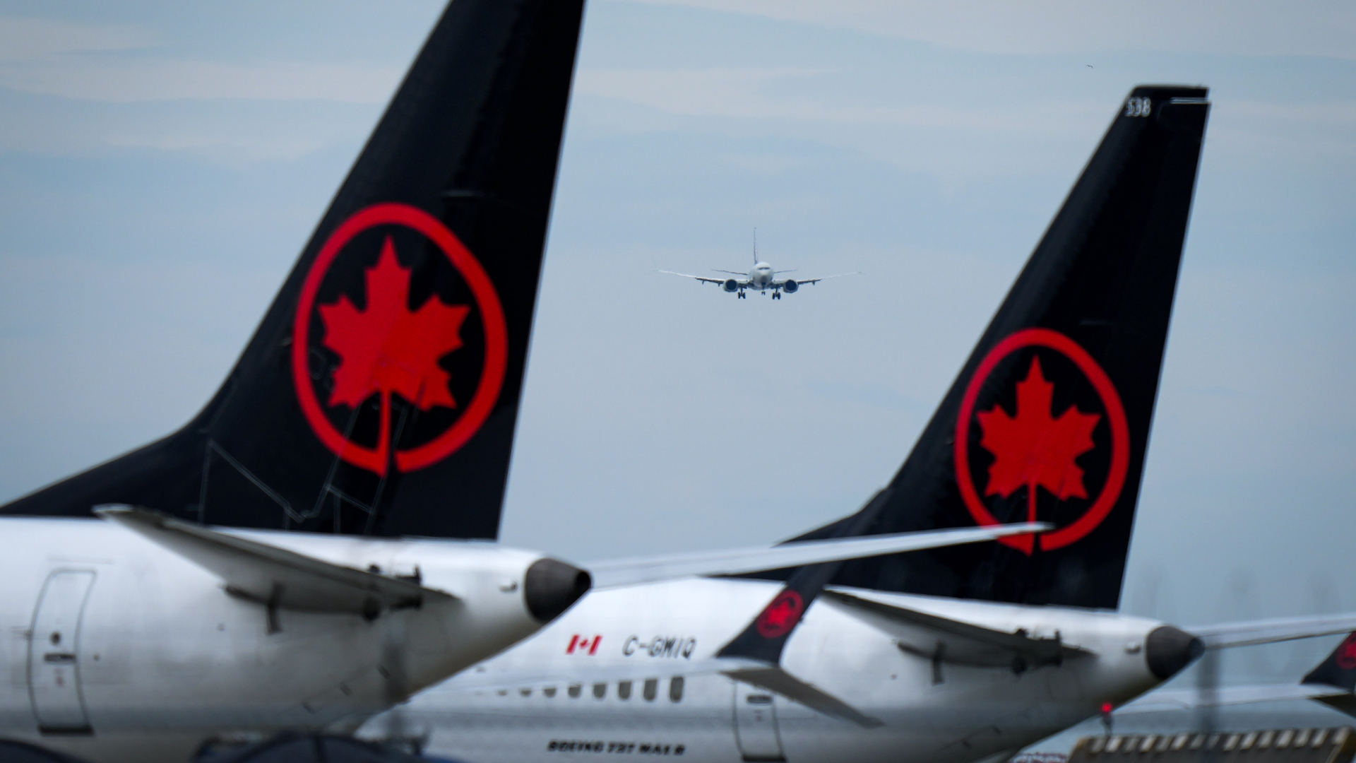Air Canada aircraft sit parked at Vancouver International Airport as a United Airlines flight from Chicago prepares to land, in Richmond, B.C., on Monday, August 18, 2025. (THE CANADIAN PRESS/Darryl Dyck)