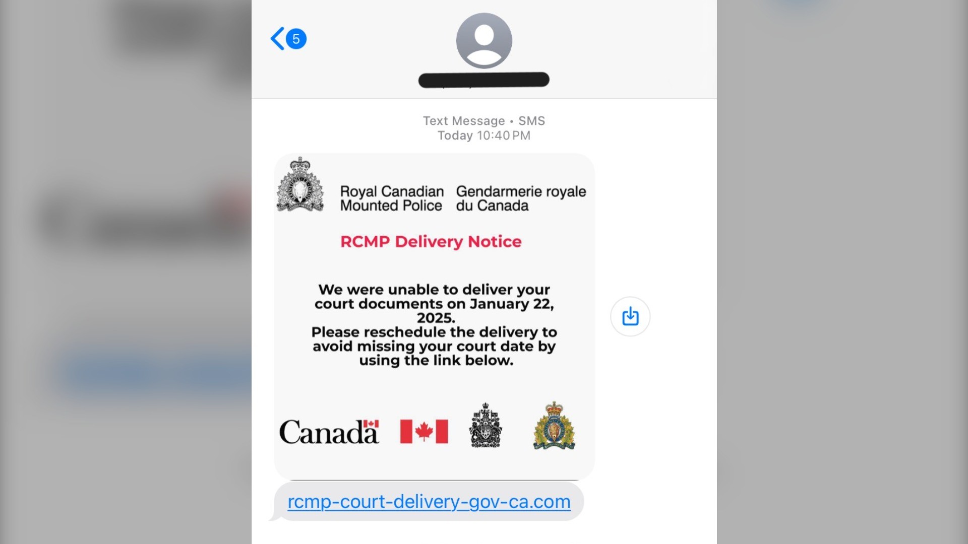 A text message scam appearing to be from the RCMP is seen. (Source: RCMP)