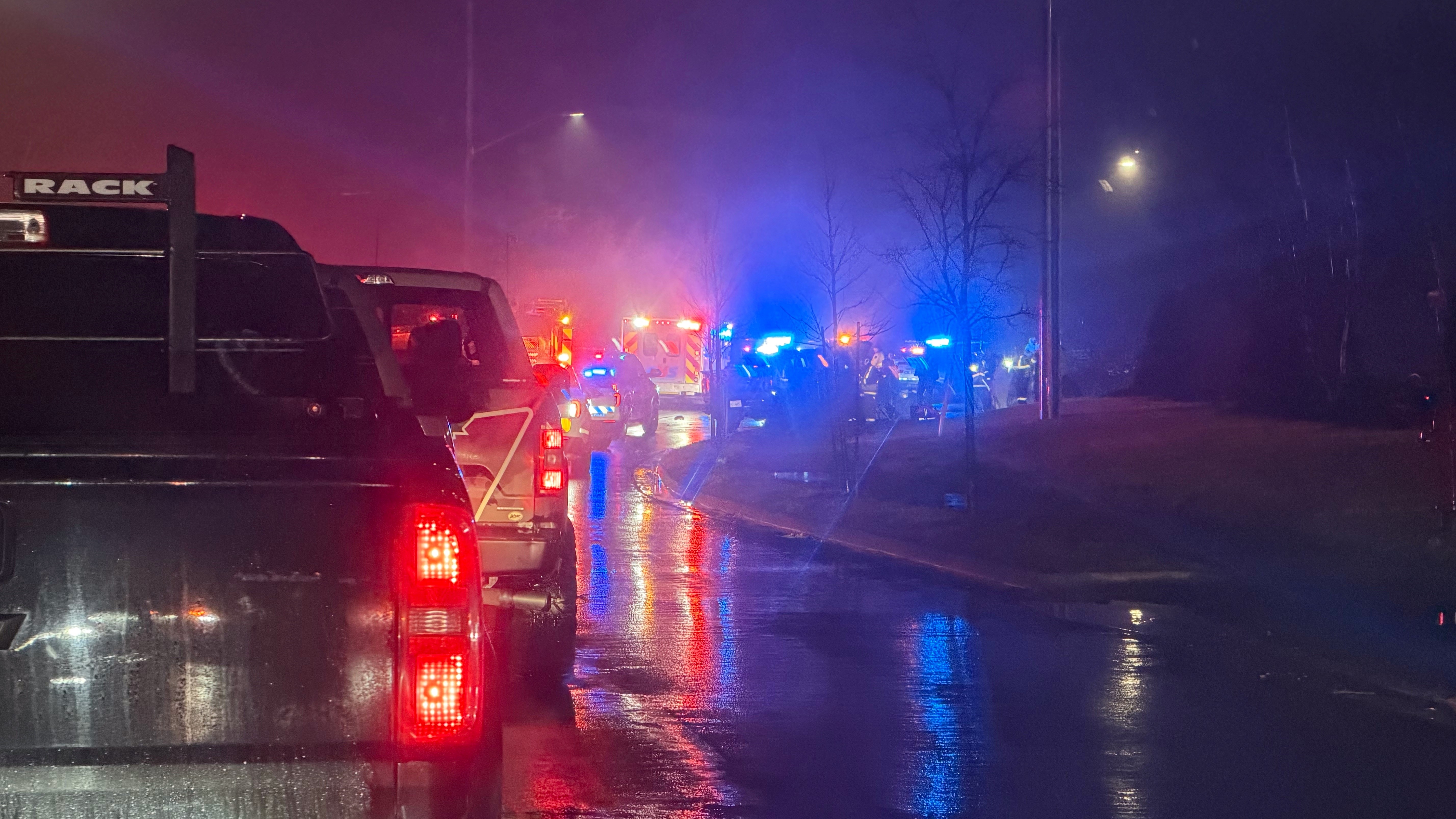 Emergency crews respond to a two-vehicle crash involving a stolen SVU on Pleasant Street in Shearwater, N.S., on March 16, 2026. (Submitted)