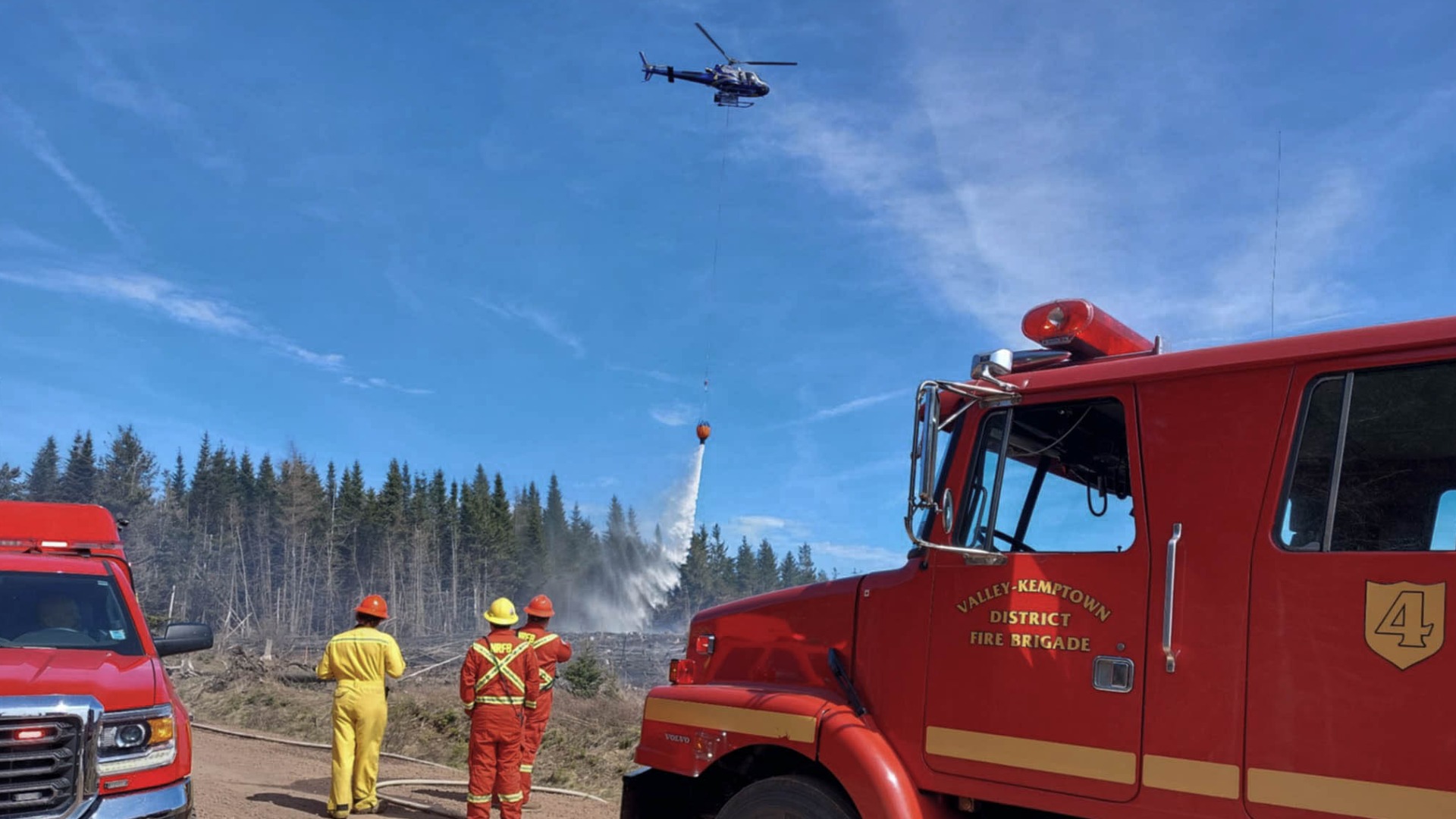The Valley Kemptown Fire Department is pictured at the scene of a wildfire in Manganese Mines, N.S., on May 6, 2025. (Source: Facebook/Truro & Colchester Code 1 Coverage)