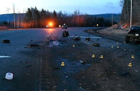 Mounties responded to the collision scene on Highway 97, near Wabi Hill, just after midnight on April 7, 2024. (Handout)