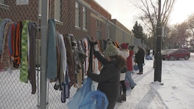 Year-round knitting group decorates city fences with handmade winter items 